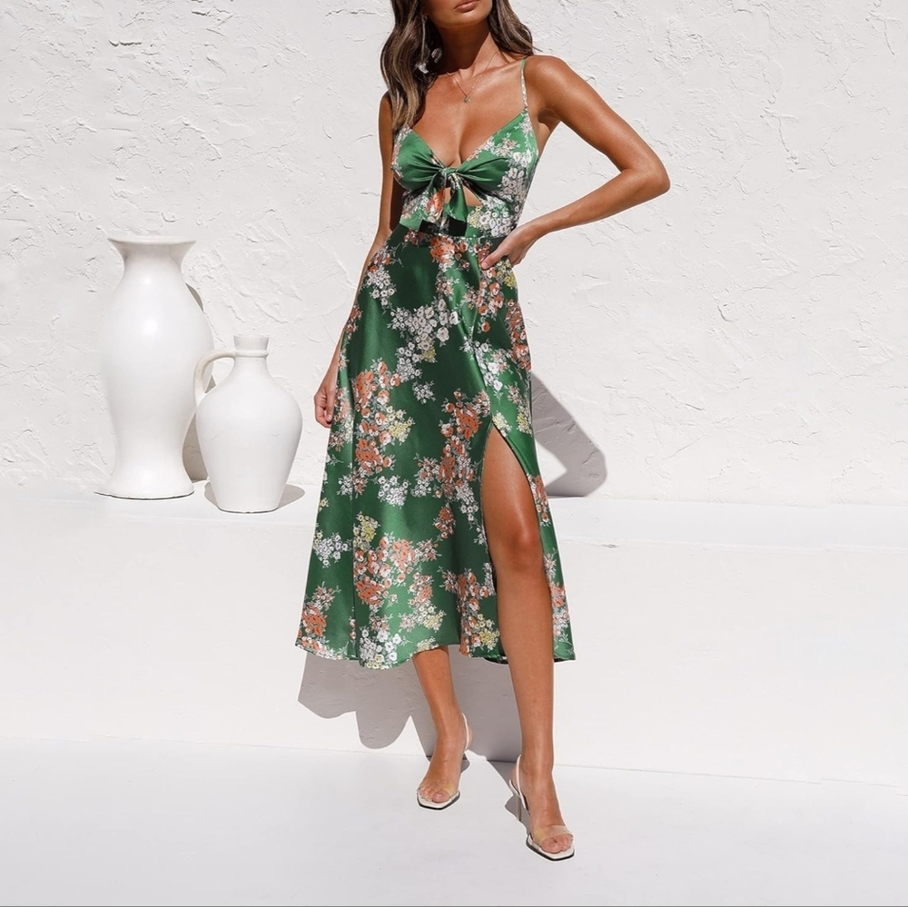 Silky Floral Green Midi Dress NWOT
